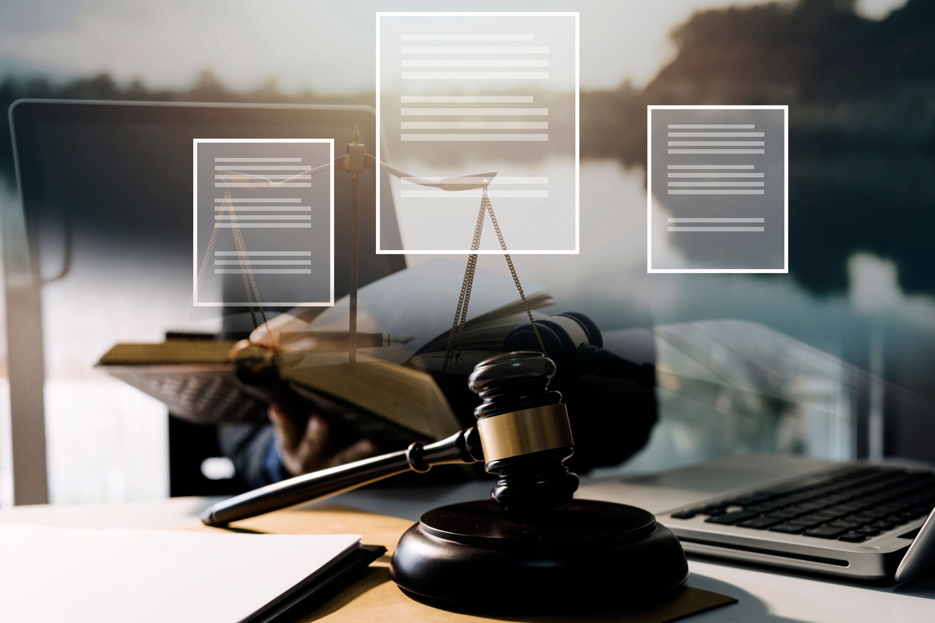 Negocios y abogados discutiendo documentos de contrato con escala de latón en el escritorio en la oficina. Derecho, servicios legales, asesoramiento, justicia y concepto de derecho con efecto de grano de película