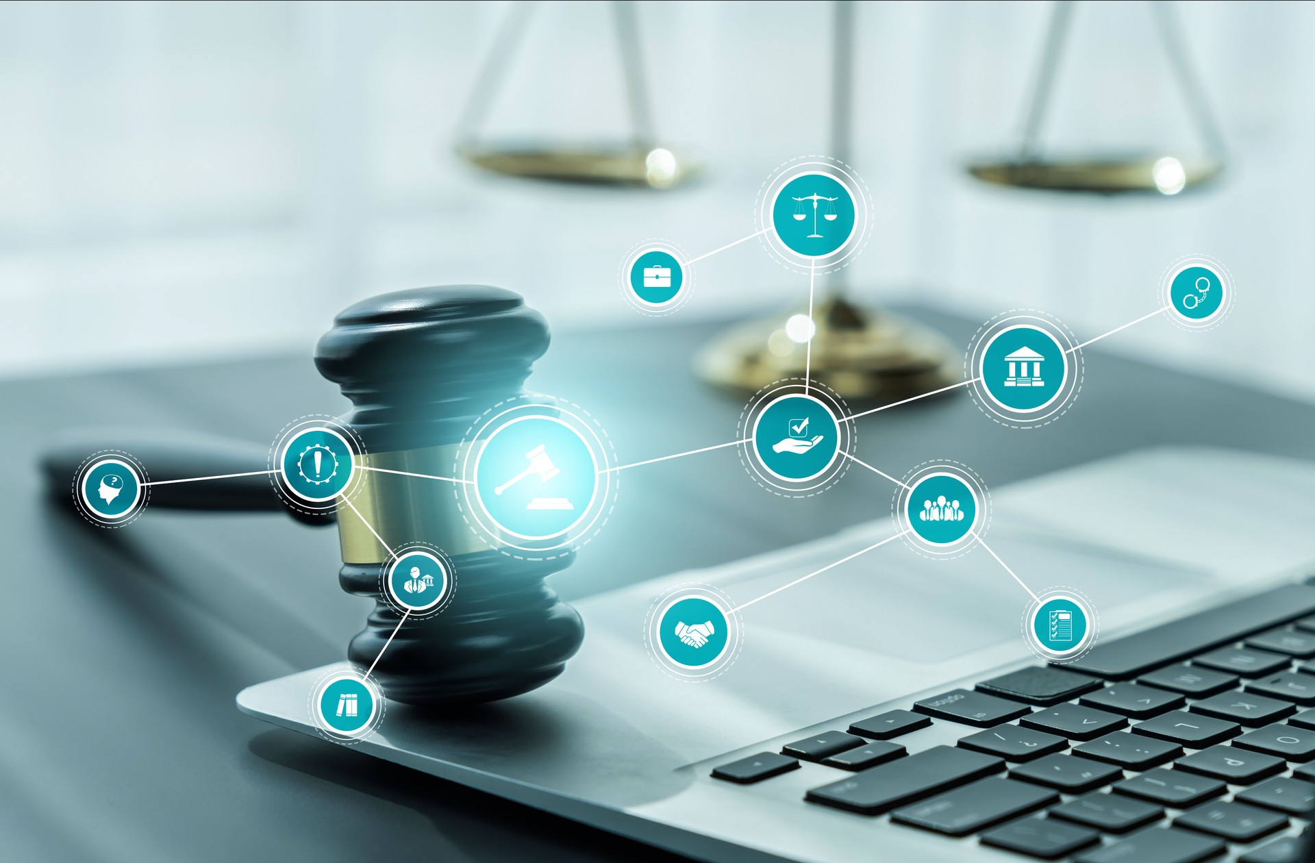 Derecho inteligente, iconos de asesoramiento legal y herramientas de trabajo astutas para abogados en la oficina de abogados